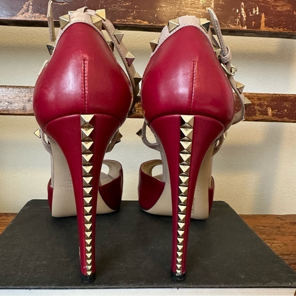 Valentino Rockstud Open Toe Pumps Heels Stiletto Ankle Straps Red Leather - Picture 8 of 16